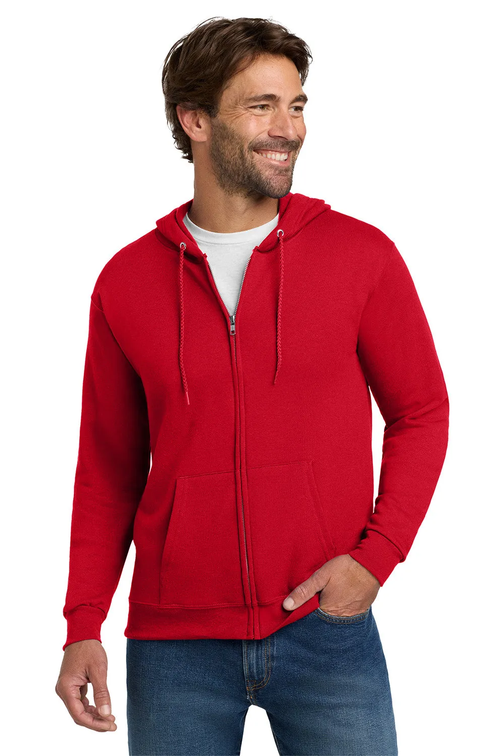 Hanes Mens EcoSmart Print Pro XP Pill Resistant Full Zip Hooded Sweatshirt Hoodie w/ Pockets - Deep Red