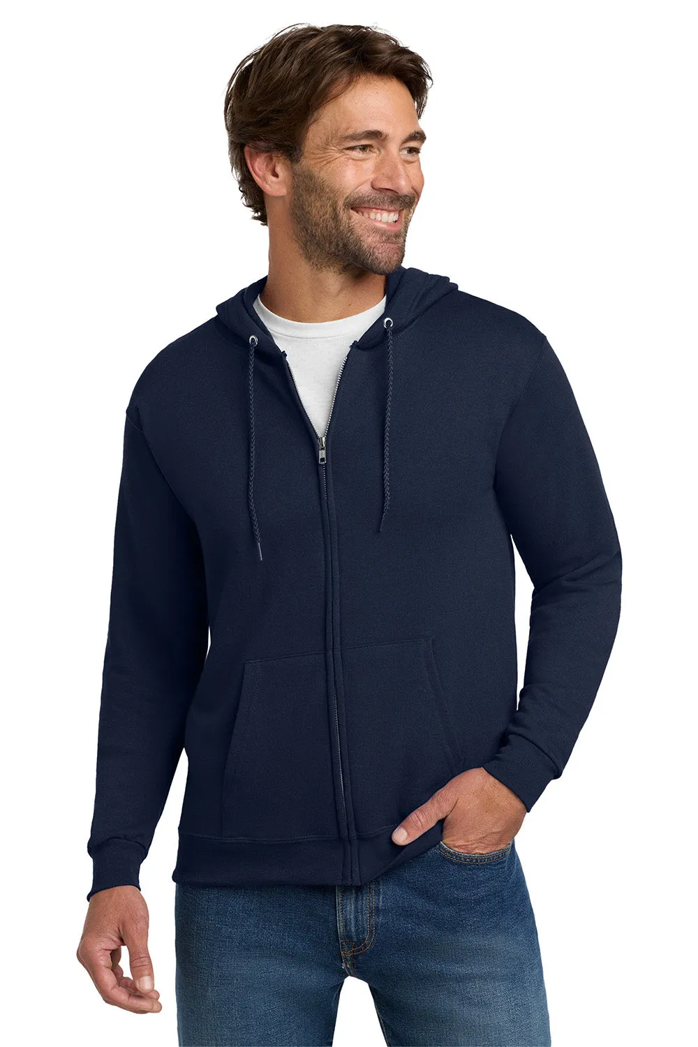 Hanes Mens EcoSmart Print Pro XP Pill Resistant Full Zip Hooded Sweatshirt Hoodie w/ Pockets - Navy Blue