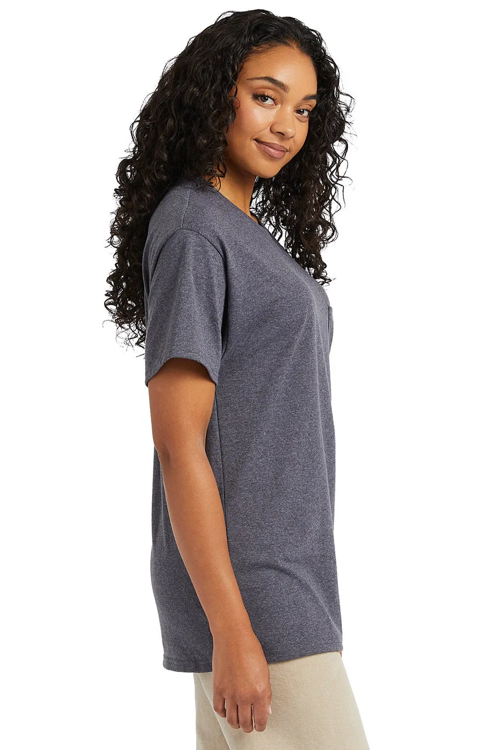 Hanes Mens Essential Short Sleeve Crewneck T-Shirt w/ Pocket - Heather Charcoal Grey
