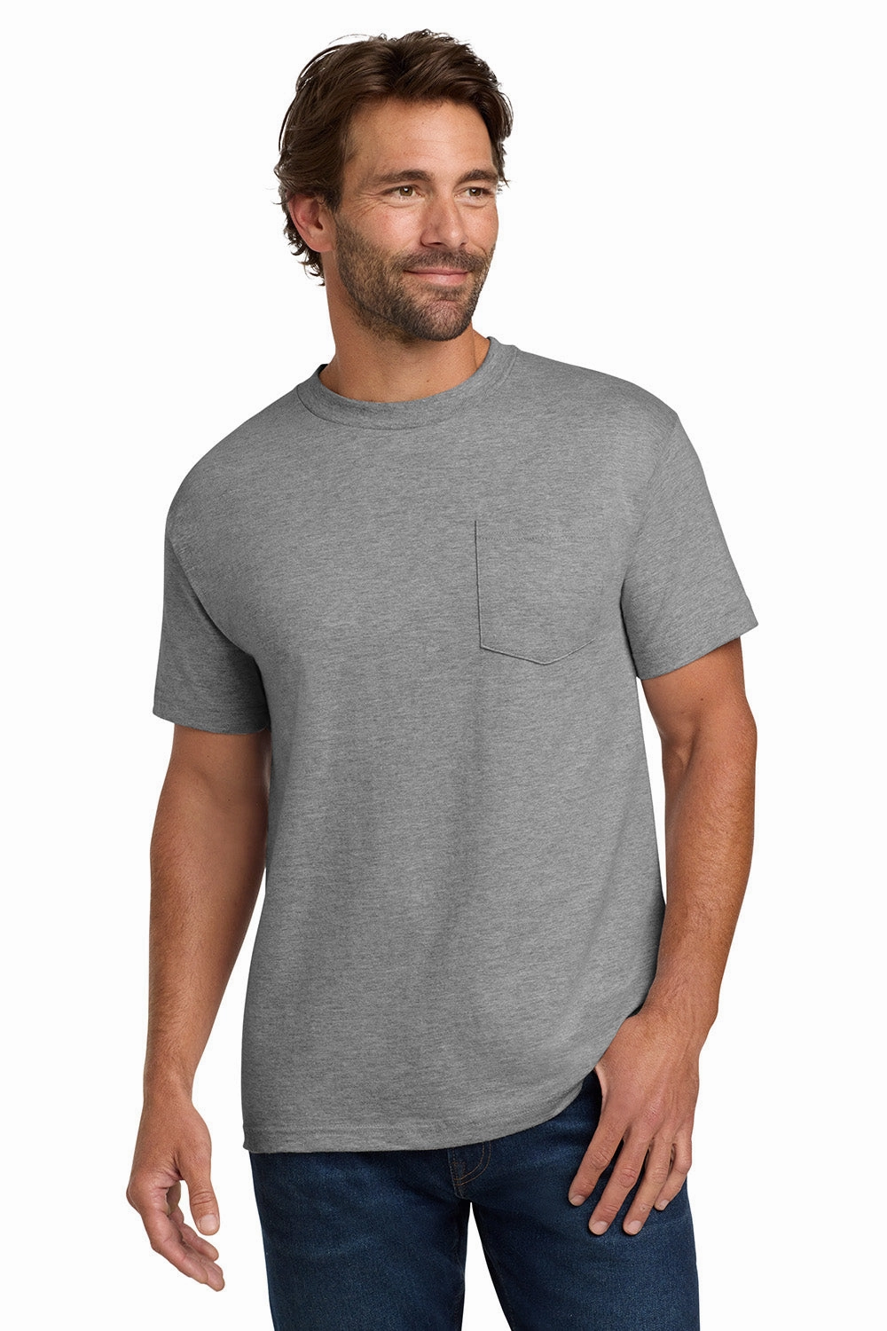 Hanes Mens Beefy-T Short Sleeve Crewneck T-Shirt w/ Pocket - Light Steel Grey