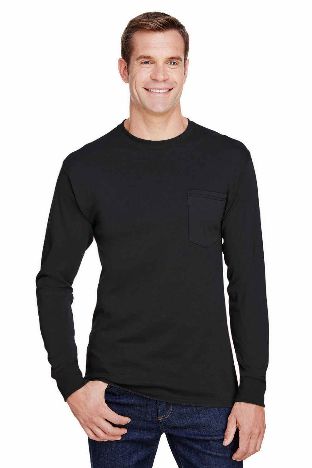Hanes Mens Workwear UPF 50  Long Sleeve Crewneck T-Shirt w/ Pocket - Black