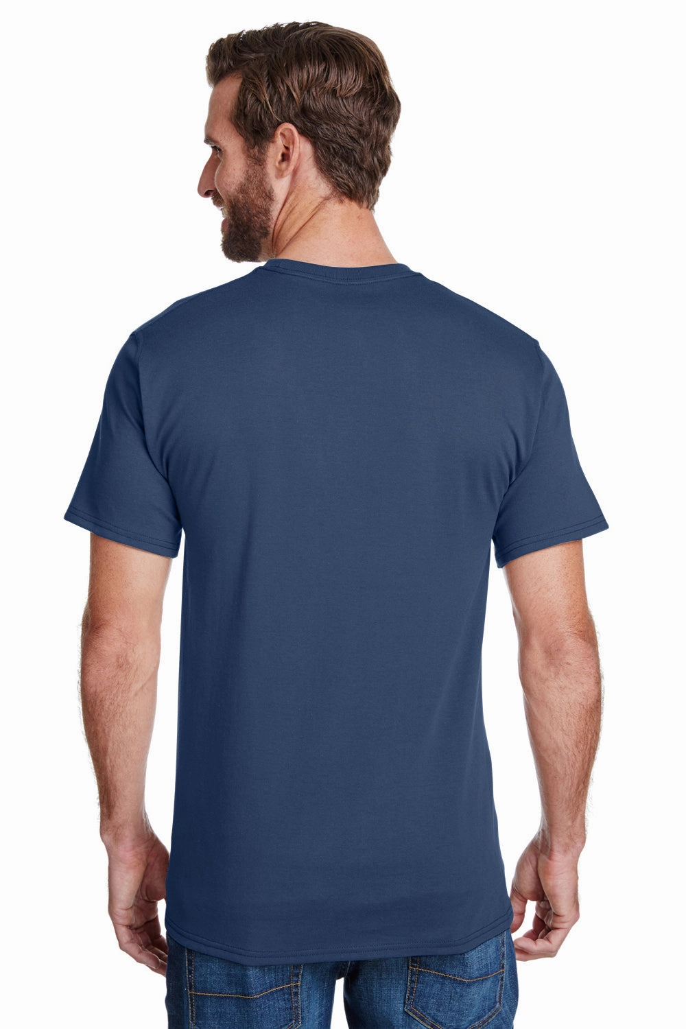 Hanes Mens Workwear UPF 50  Short Sleeve Crewneck T-Shirt w/ Pocket - Navy Blue