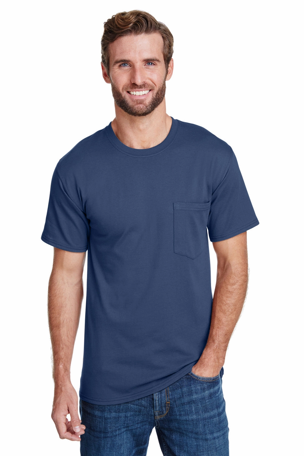 Hanes Mens Workwear UPF 50  Short Sleeve Crewneck T-Shirt w/ Pocket - Navy Blue