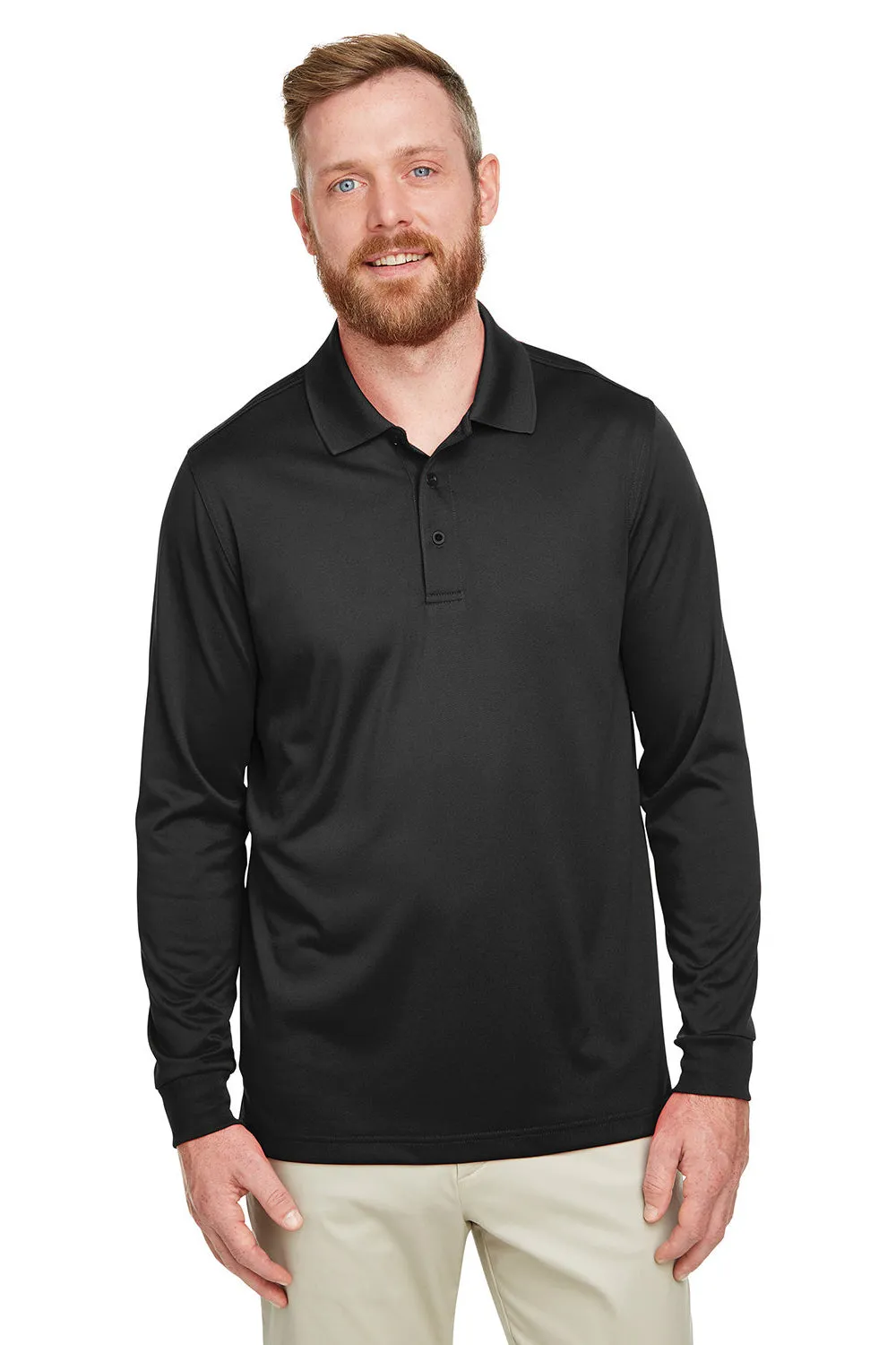 Harriton Mens Advantage Performance Moisture Wicking Long Sleeve Polo Shirt - Black