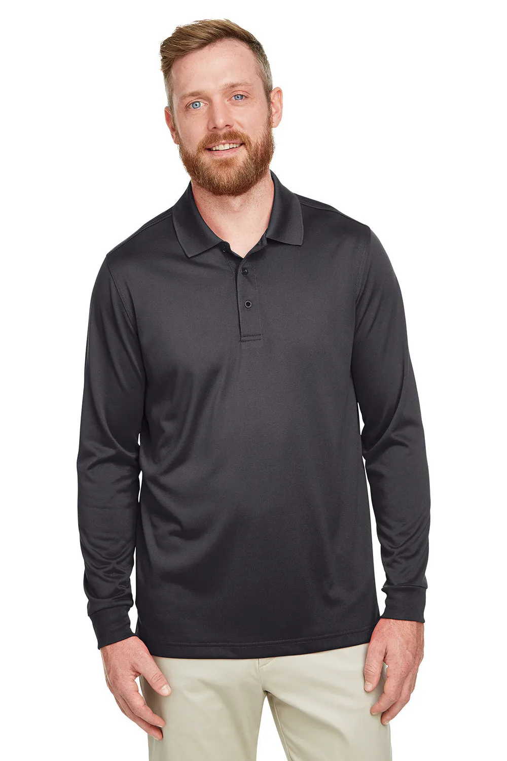 Harriton Mens Advantage Performance Moisture Wicking Long Sleeve Polo Shirt - Dark Charcoal Grey