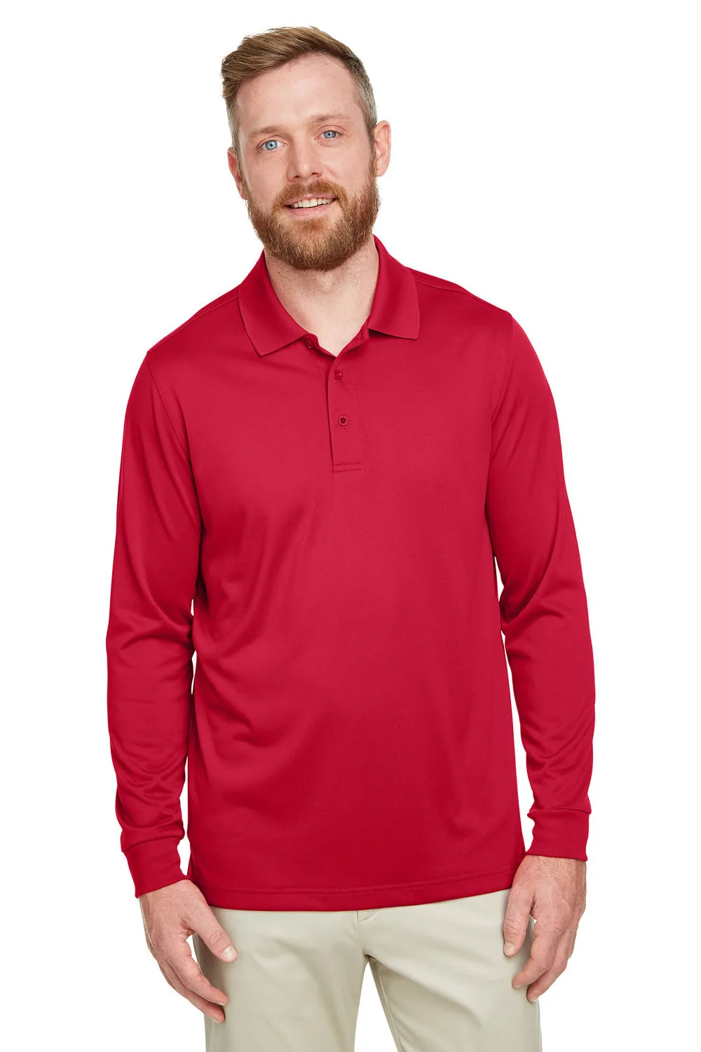 Harriton Mens Advantage Performance Moisture Wicking Long Sleeve Polo Shirt - Red