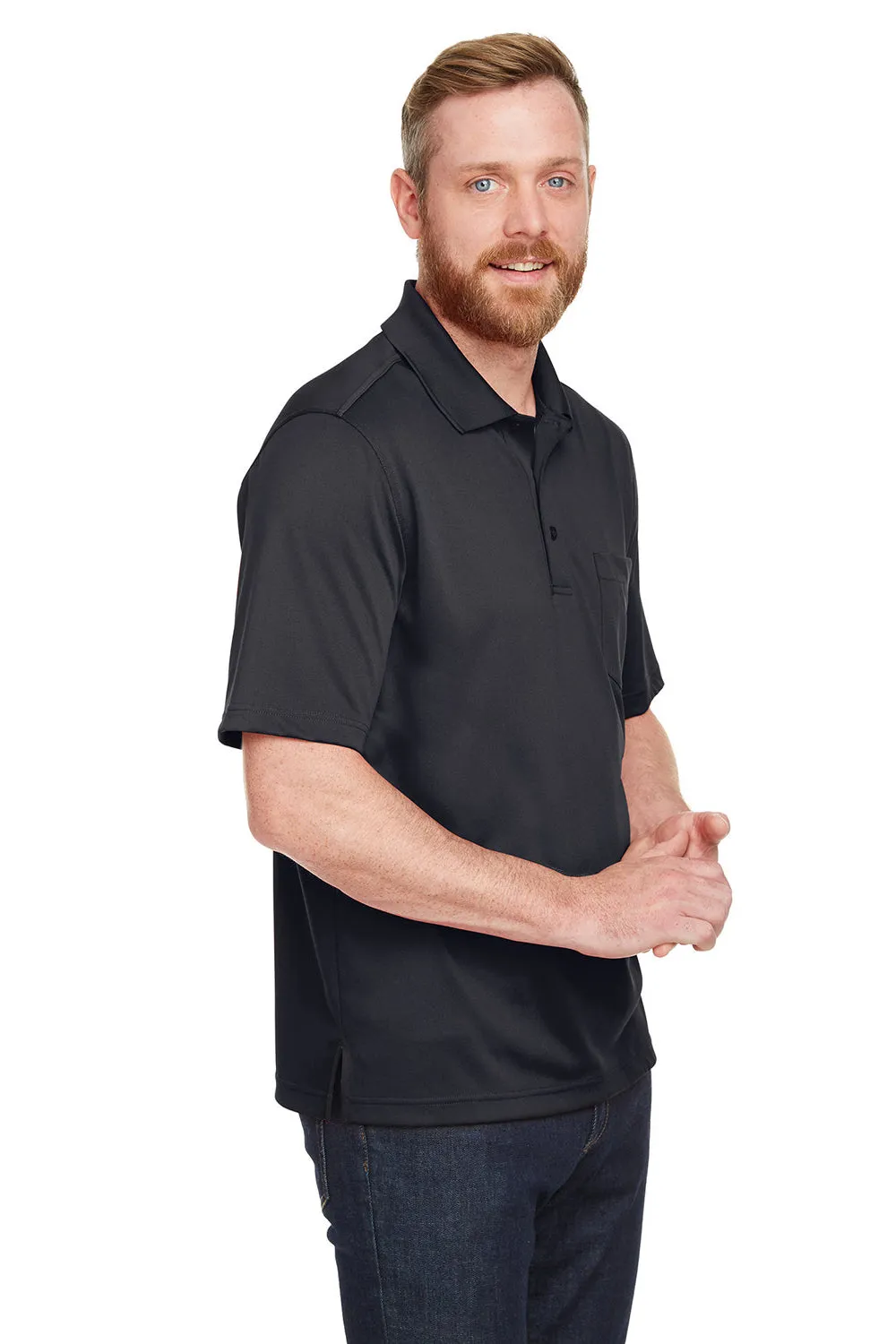 Harriton Mens Advantage Performance Moisture Wicking Short Sleeve Polo Shirt w/ Pocket - Black