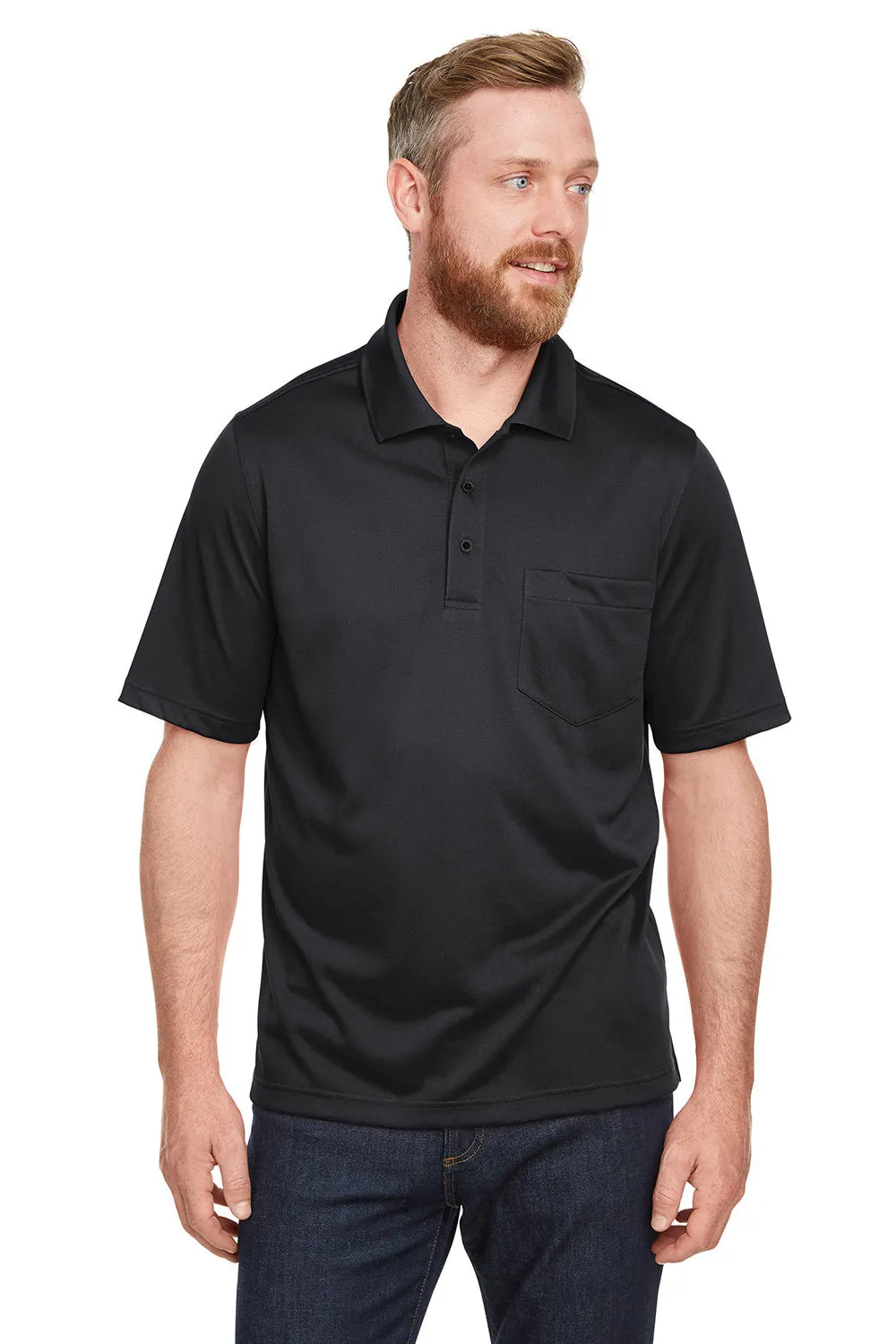 Harriton Mens Advantage Performance Moisture Wicking Short Sleeve Polo Shirt w/ Pocket - Black