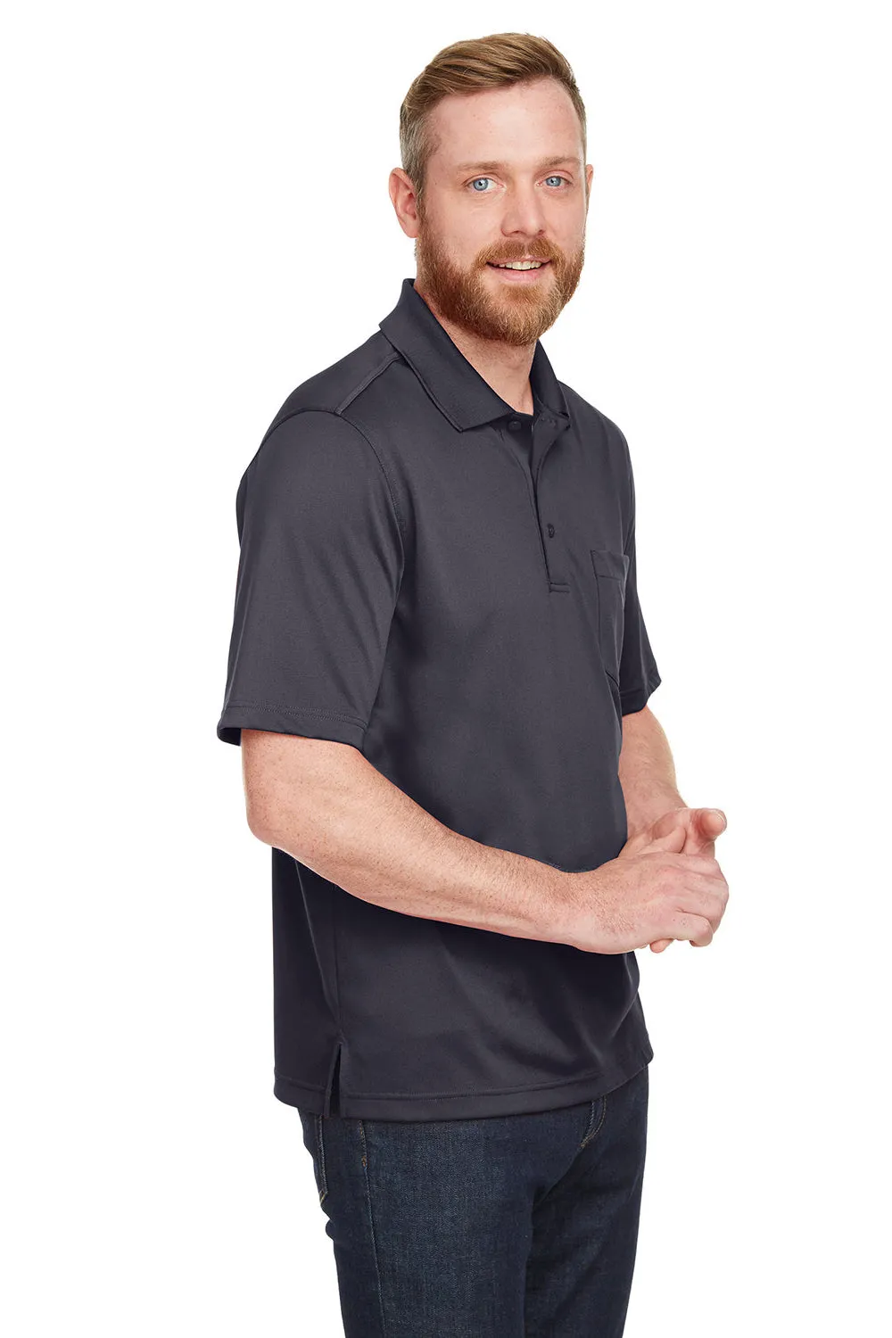 Harriton Mens Advantage Performance Moisture Wicking Short Sleeve Polo Shirt w/ Pocket - Dark Charcoal Grey