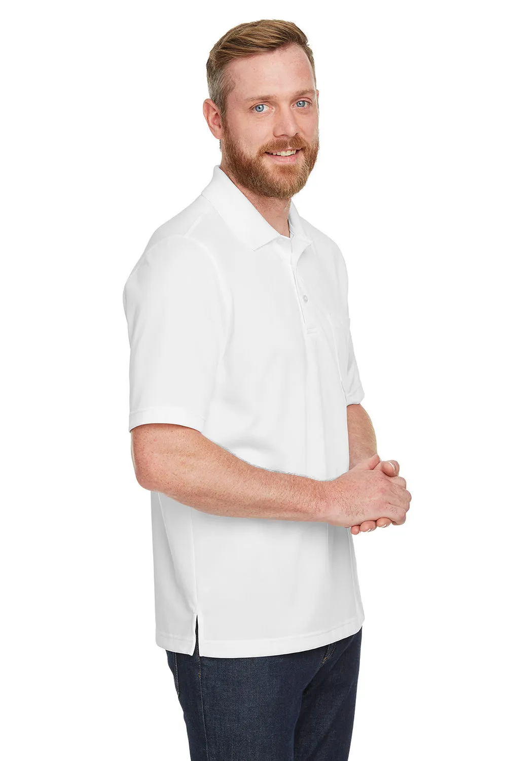 Harriton Mens Advantage Performance Moisture Wicking Short Sleeve Polo Shirt w/ Pocket - White