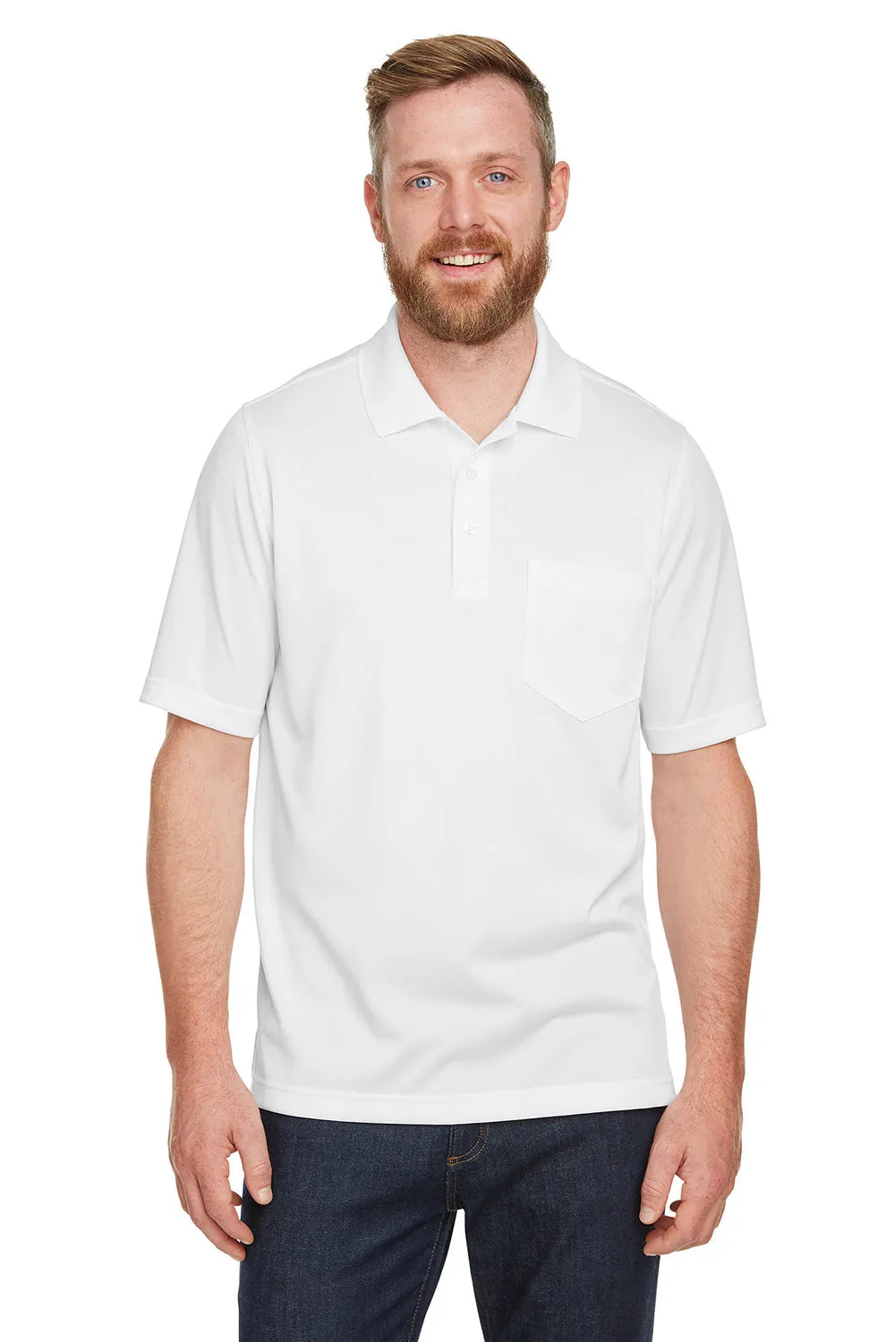 Harriton Mens Advantage Performance Moisture Wicking Short Sleeve Polo Shirt w/ Pocket - White