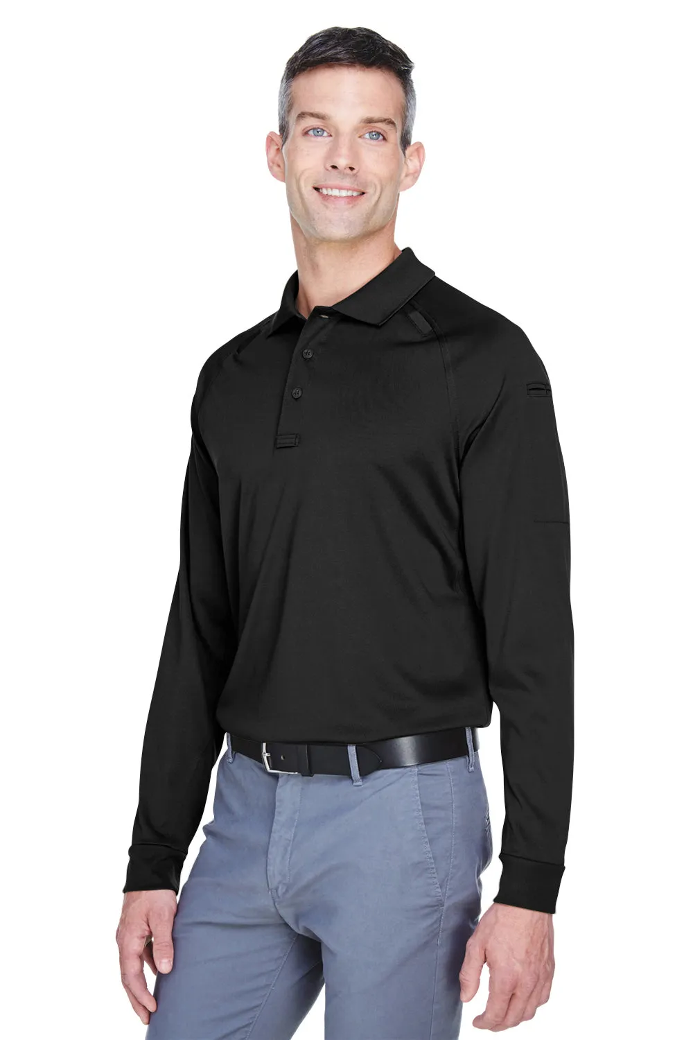 Harriton Mens Advantage Tactical Moisture Wicking Long Sleeve Polo Shirt - Black