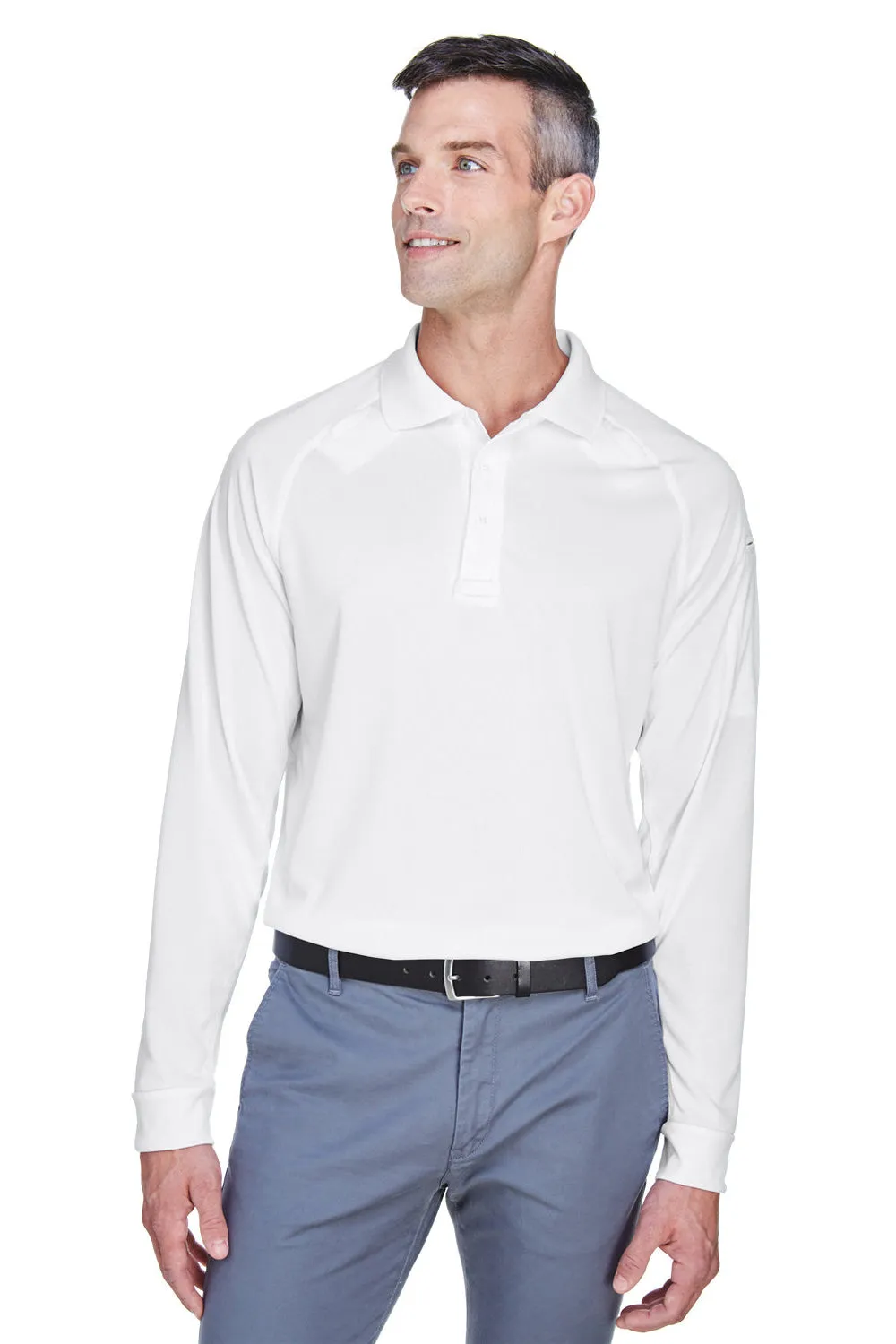 Harriton Mens Advantage Tactical Moisture Wicking Long Sleeve Polo Shirt - White
