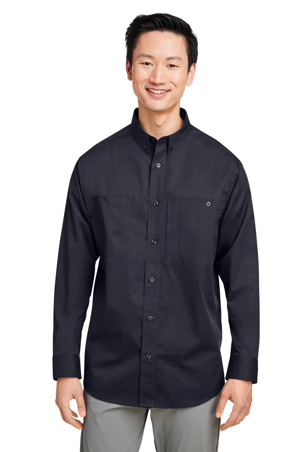 Harriton Mens Advantage Wrinkle Resistant Long Sleeve Button Down Shirt w/ Double Pockets - Black