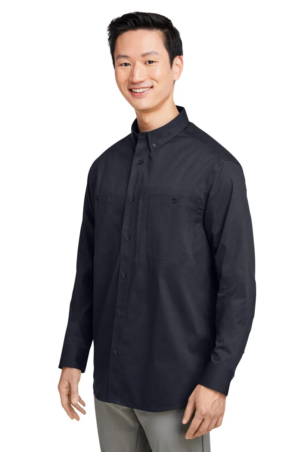 Harriton Mens Advantage Wrinkle Resistant Long Sleeve Button Down Shirt w/ Double Pockets - Black