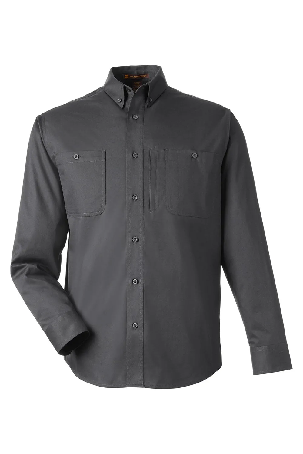 Harriton Mens Advantage Wrinkle Resistant Long Sleeve Button Down Shirt w/ Double Pockets - Dark Charcoal Grey