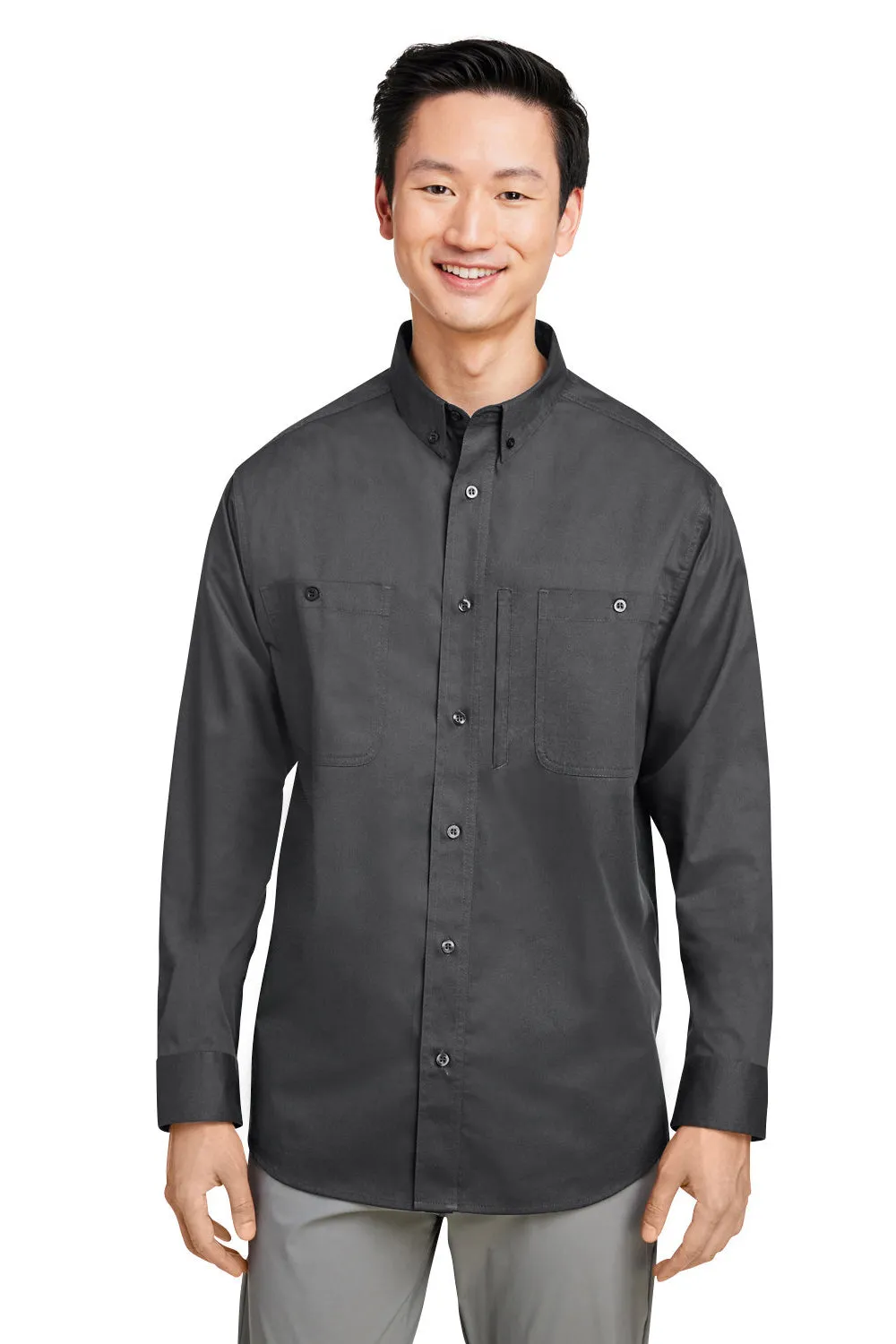 Harriton Mens Advantage Wrinkle Resistant Long Sleeve Button Down Shirt w/ Double Pockets - Dark Charcoal Grey