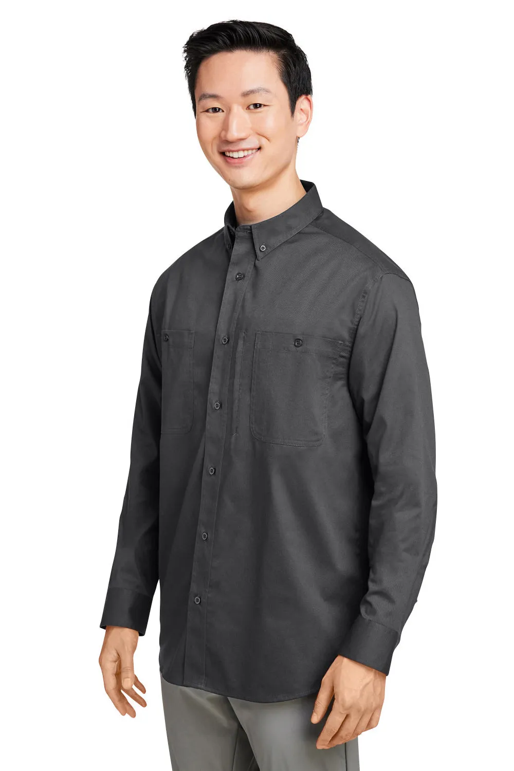 Harriton Mens Advantage Wrinkle Resistant Long Sleeve Button Down Shirt w/ Double Pockets - Dark Charcoal Grey