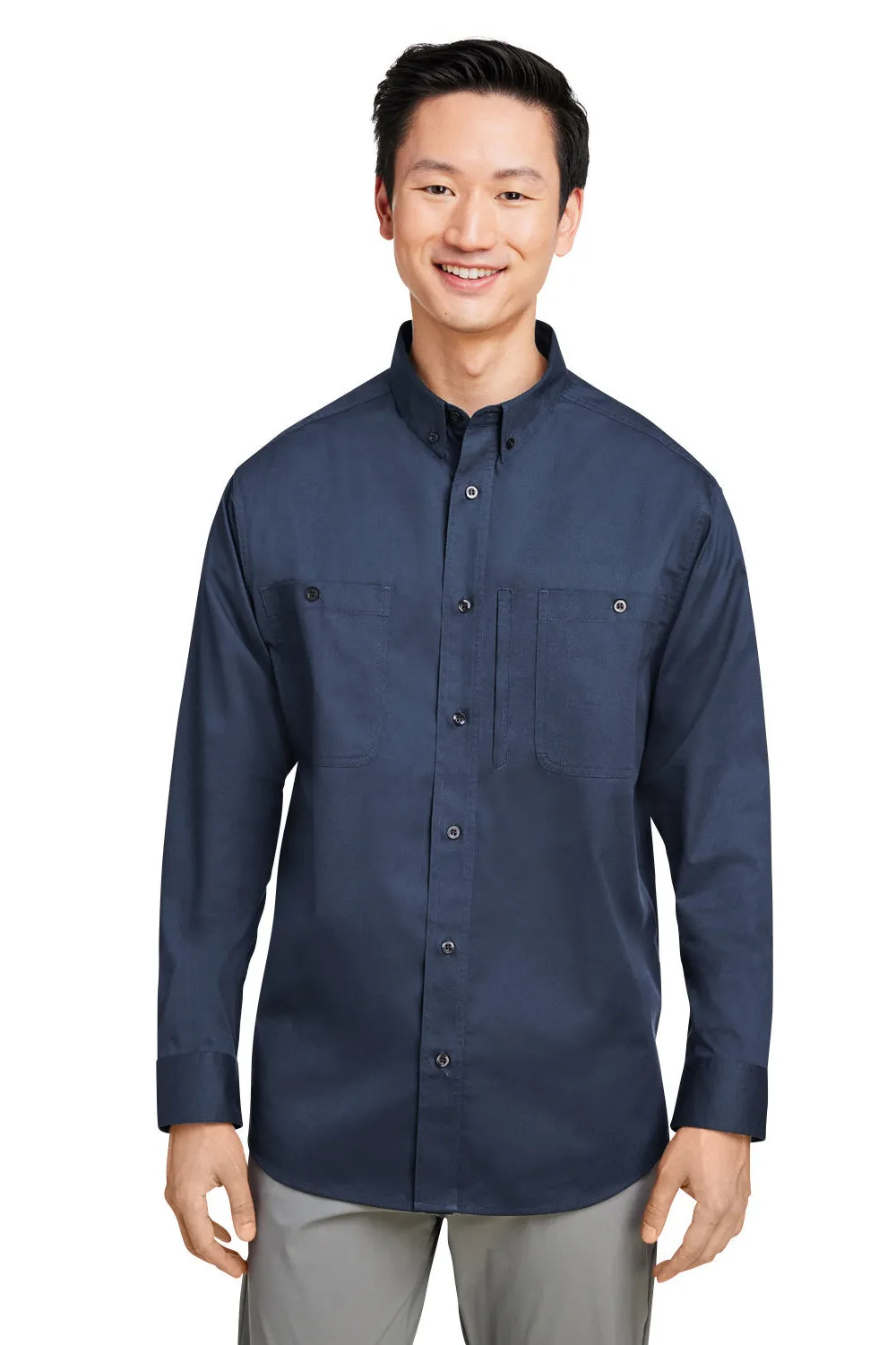 Harriton Mens Advantage Wrinkle Resistant Long Sleeve Button Down Shirt w/ Double Pockets - Dark Navy Blue - Closeout