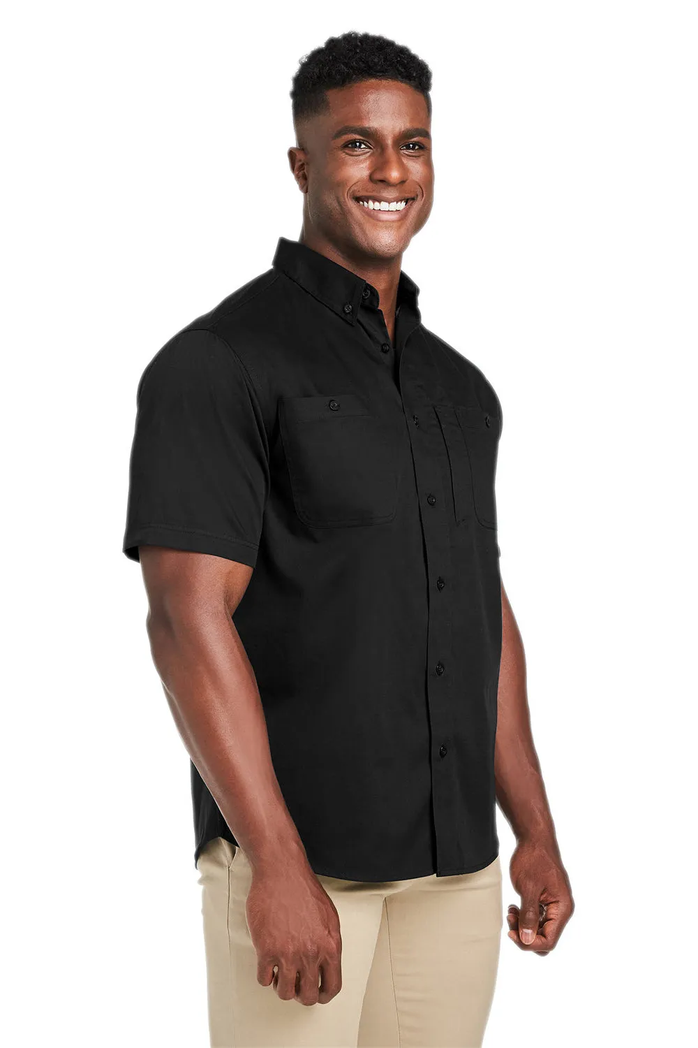 Harriton Mens Advantage Wrinkle Resistant Short Sleeve Button Down Shirt w/ Double Pockets - Black