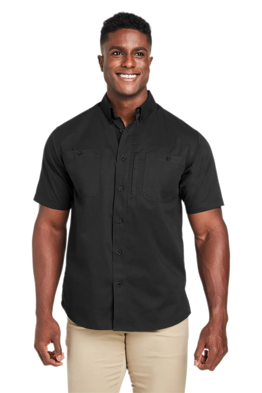 Harriton Mens Advantage Wrinkle Resistant Short Sleeve Button Down Shirt w/ Double Pockets - Black