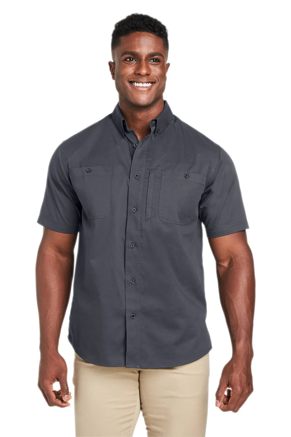 Harriton Mens Advantage Wrinkle Resistant Short Sleeve Button Down Shirt w/ Double Pockets - Dark Charcoal Grey - Closeout