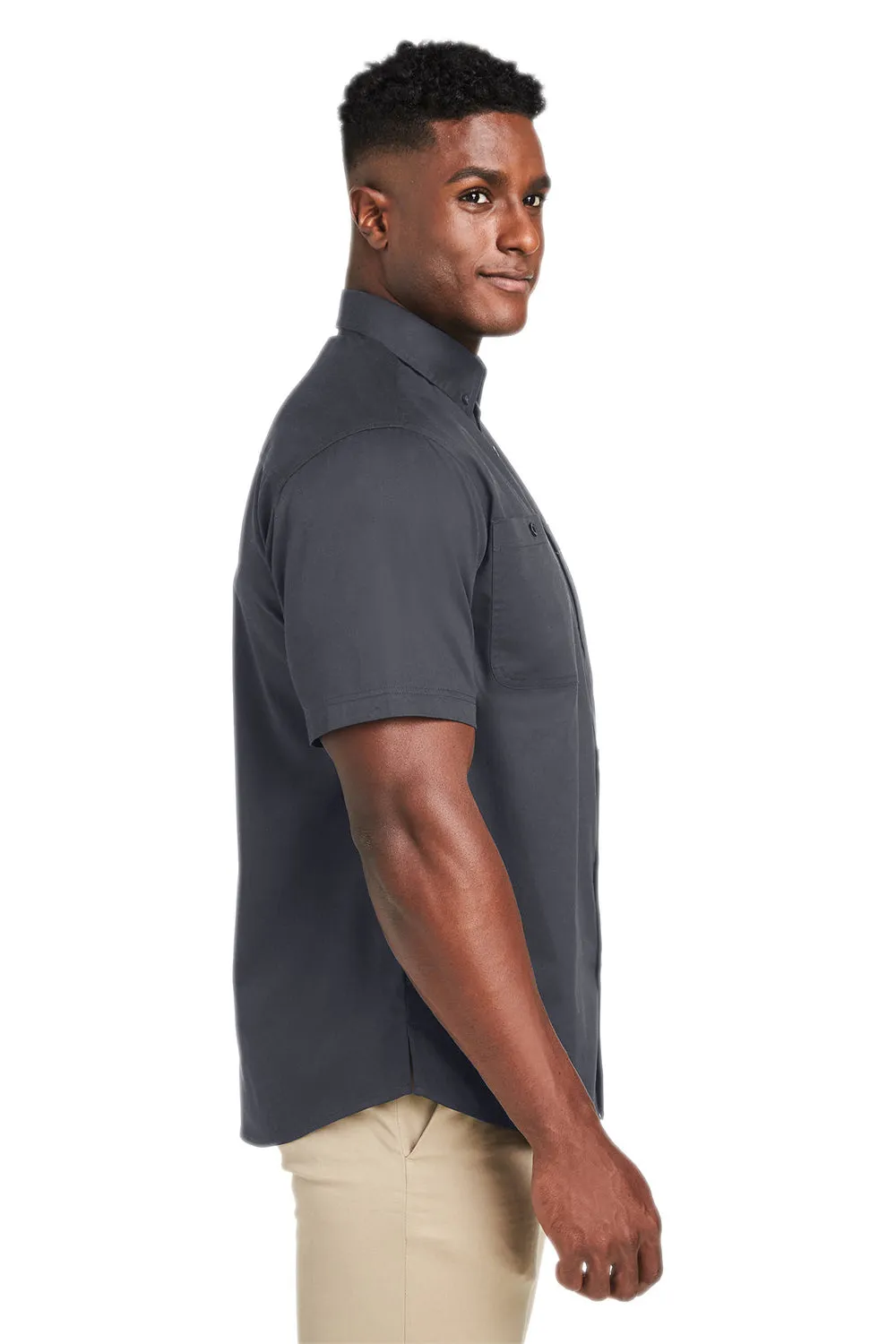 Harriton Mens Advantage Wrinkle Resistant Short Sleeve Button Down Shirt w/ Double Pockets - Dark Charcoal Grey - Closeout