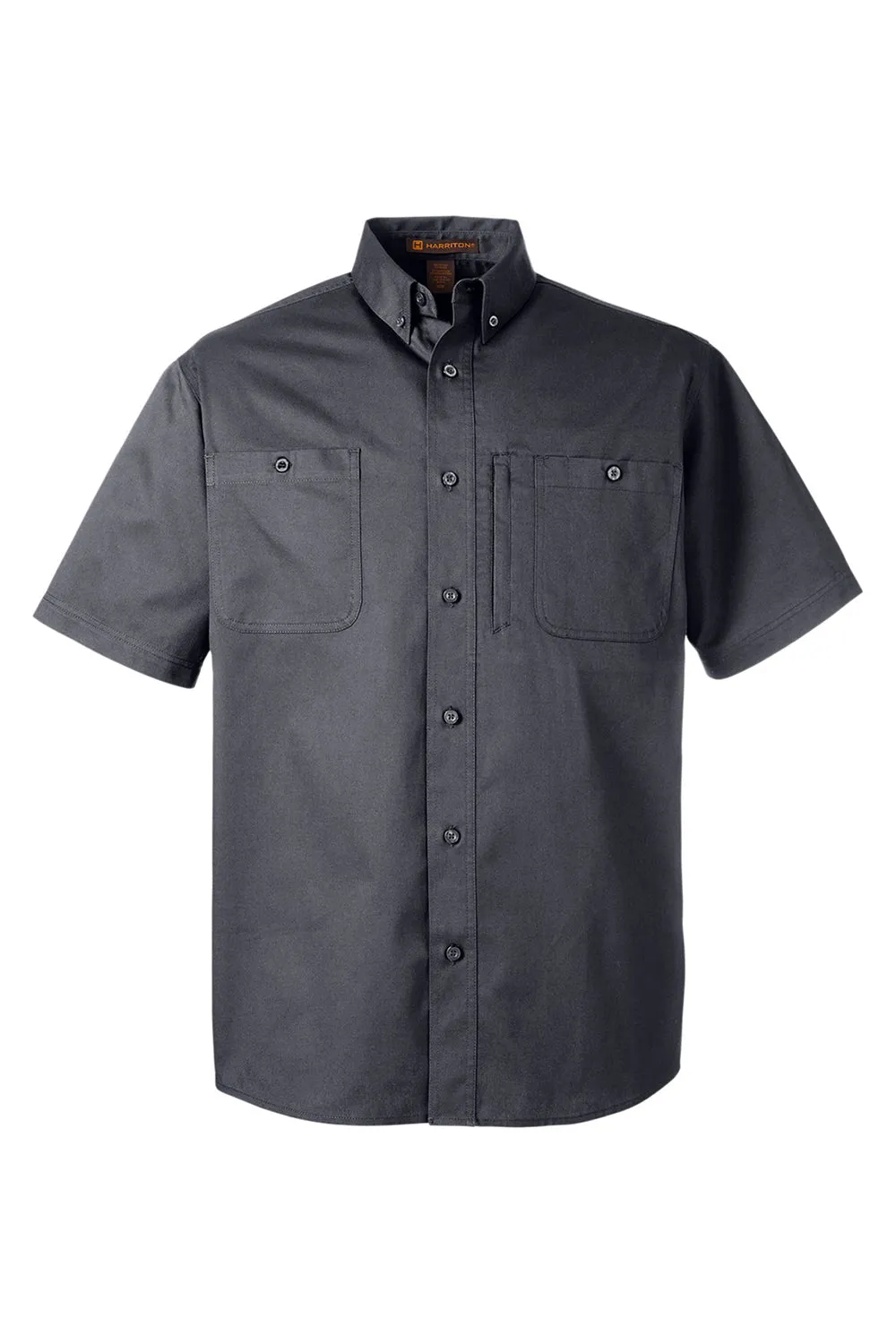 Harriton Mens Advantage Wrinkle Resistant Short Sleeve Button Down Shirt w/ Double Pockets - Dark Charcoal Grey - Closeout