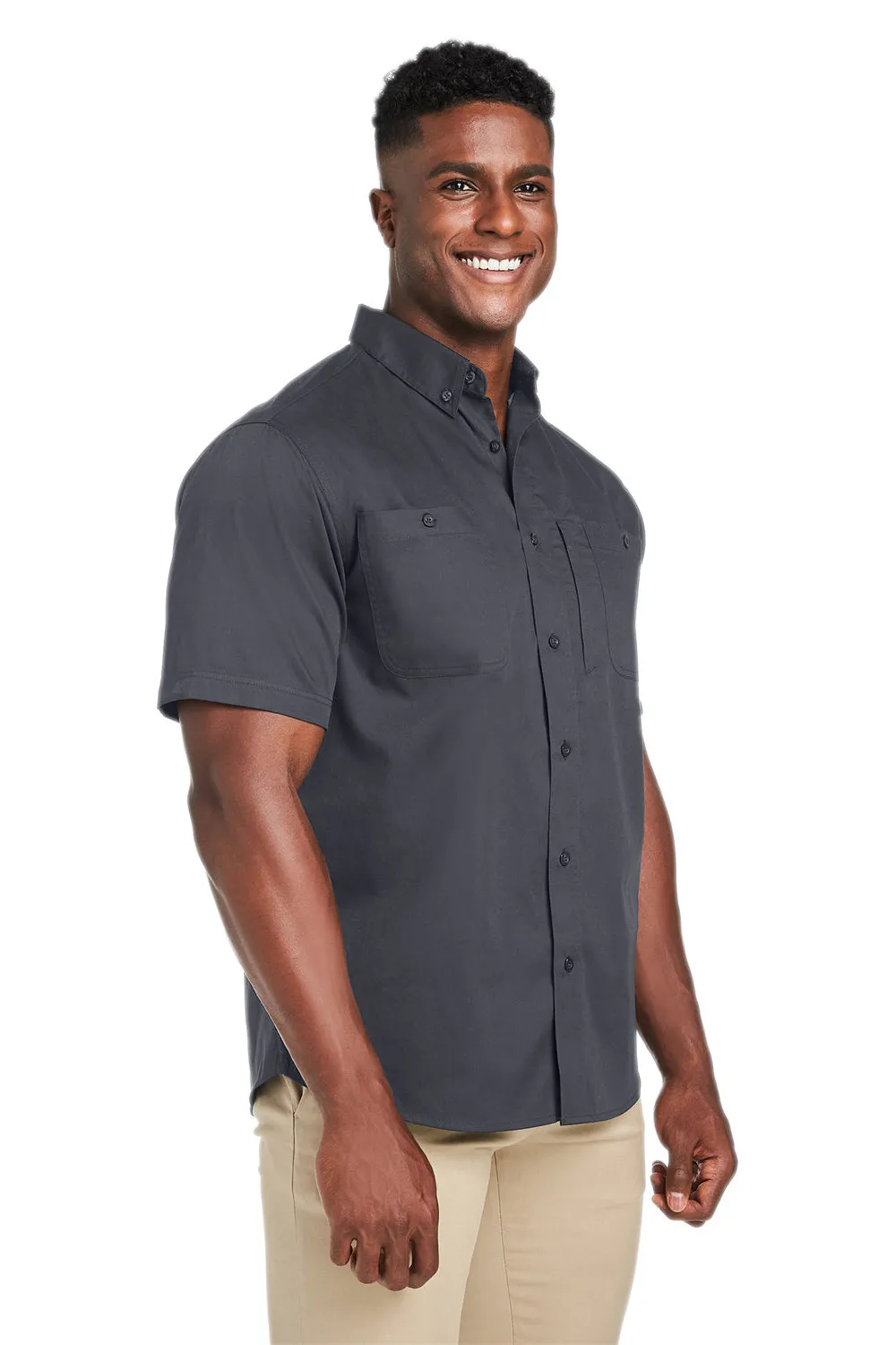Harriton Mens Advantage Wrinkle Resistant Short Sleeve Button Down Shirt w/ Double Pockets - Dark Charcoal Grey - Closeout