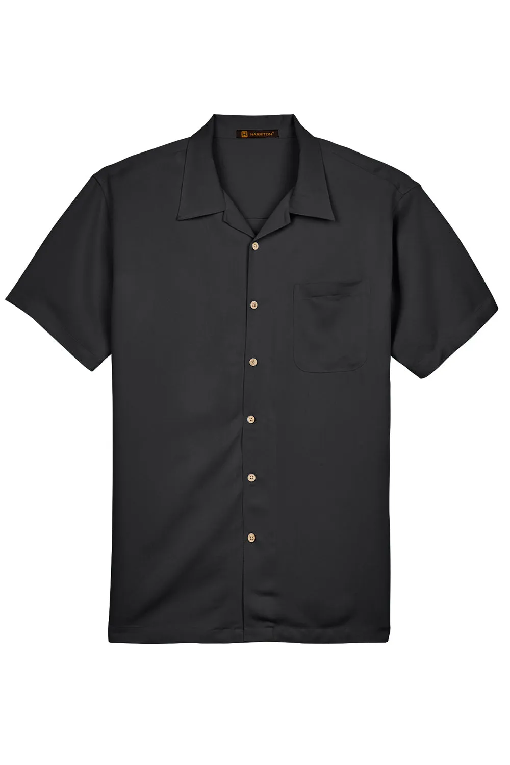 Harriton Mens Bahama Wrinkle Resistant Short Sleeve Button Down Camp Shirt w/ Pocket - Black