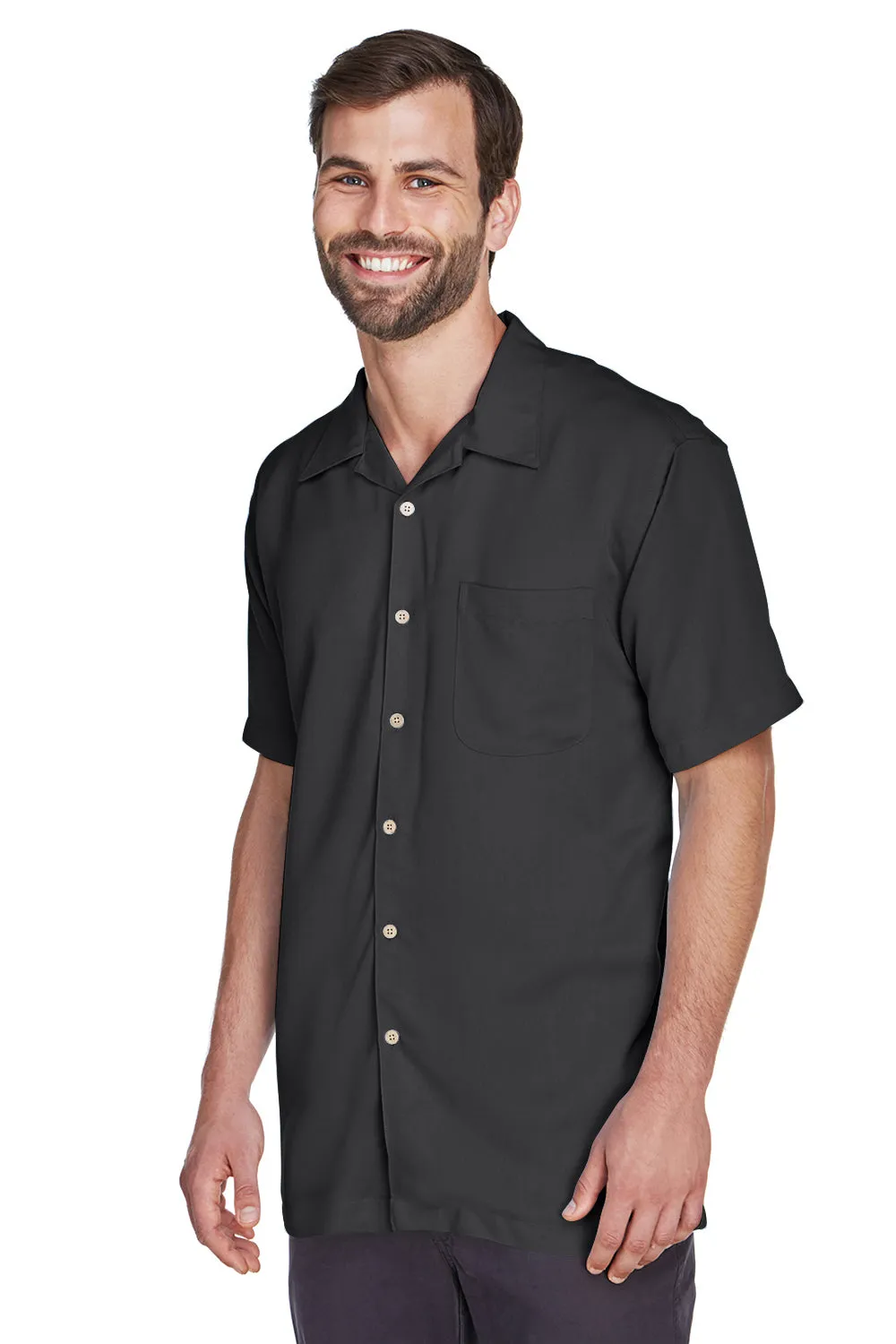 Harriton Mens Bahama Wrinkle Resistant Short Sleeve Button Down Camp Shirt w/ Pocket - Black