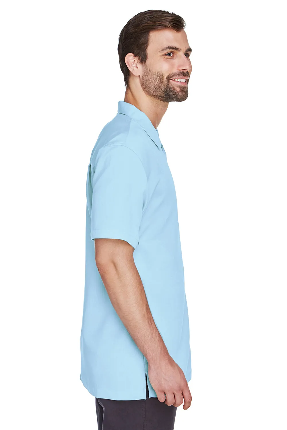 Harriton Mens Bahama Wrinkle Resistant Short Sleeve Button Down Camp Shirt w/ Pocket - Cloud Blue