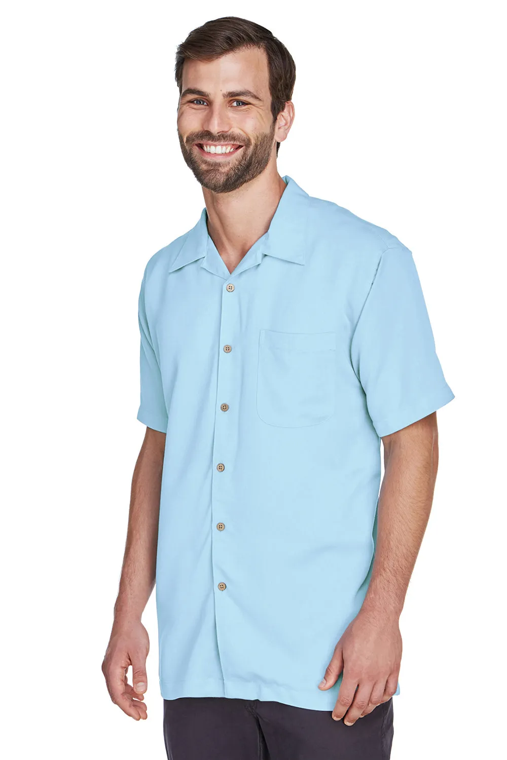 Harriton Mens Bahama Wrinkle Resistant Short Sleeve Button Down Camp Shirt w/ Pocket - Cloud Blue