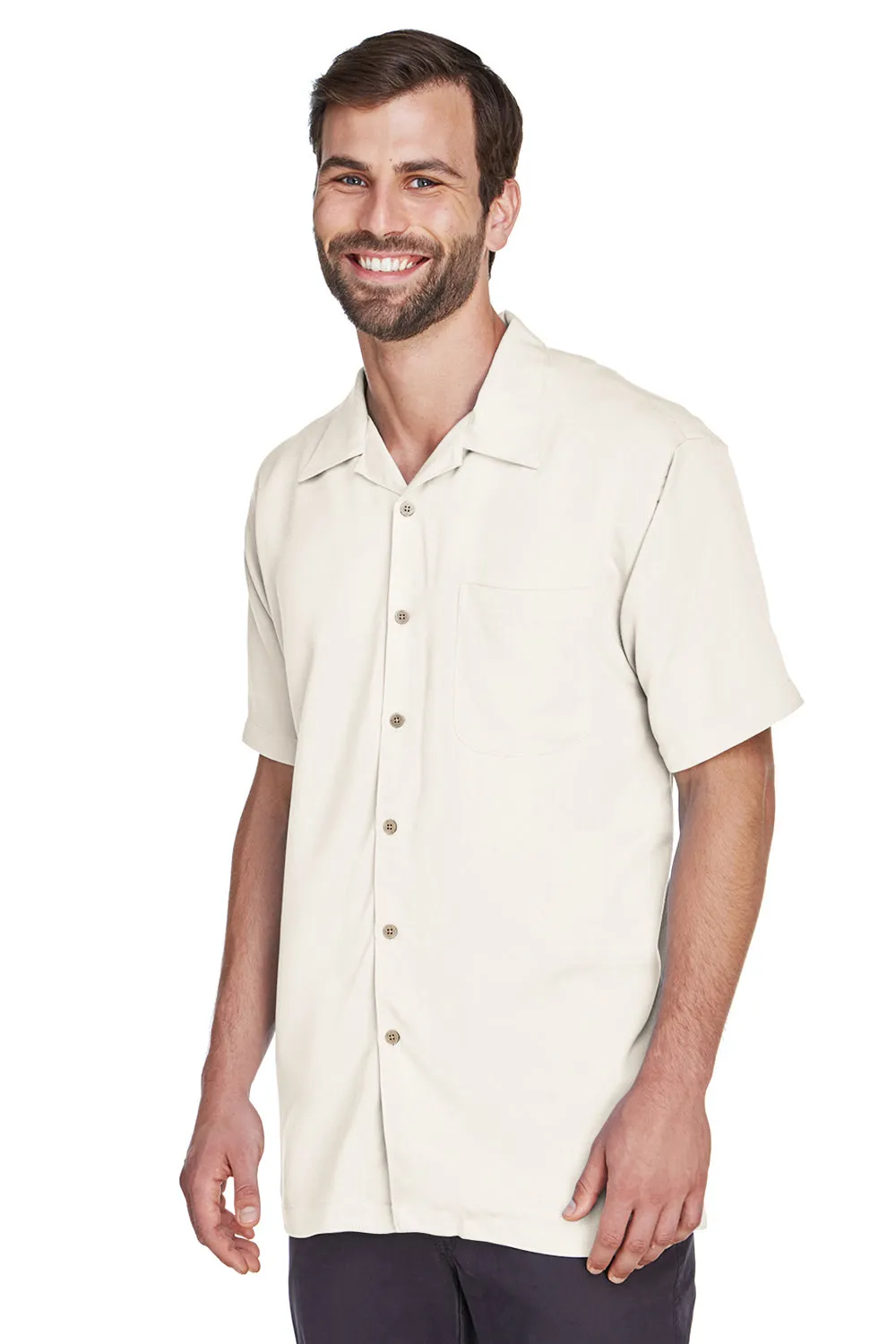 Harriton Mens Bahama Wrinkle Resistant Short Sleeve Button Down Camp Shirt w/ Pocket - Cream