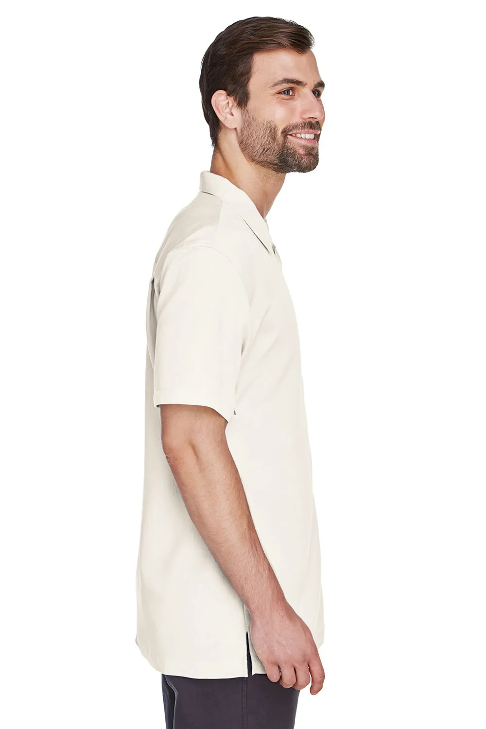 Harriton Mens Bahama Wrinkle Resistant Short Sleeve Button Down Camp Shirt w/ Pocket - Cream