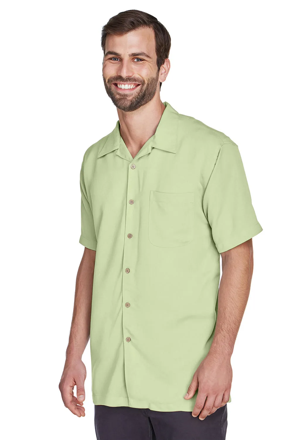 Harriton Mens Bahama Wrinkle Resistant Short Sleeve Button Down Camp Shirt w/ Pocket - Mist Green