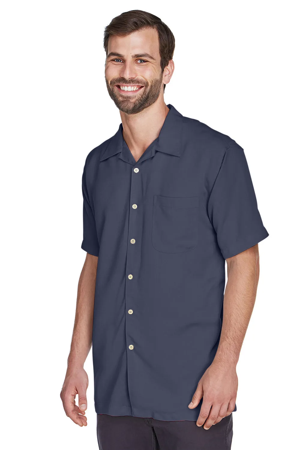 Harriton Mens Bahama Wrinkle Resistant Short Sleeve Button Down Camp Shirt w/ Pocket - Navy Blue