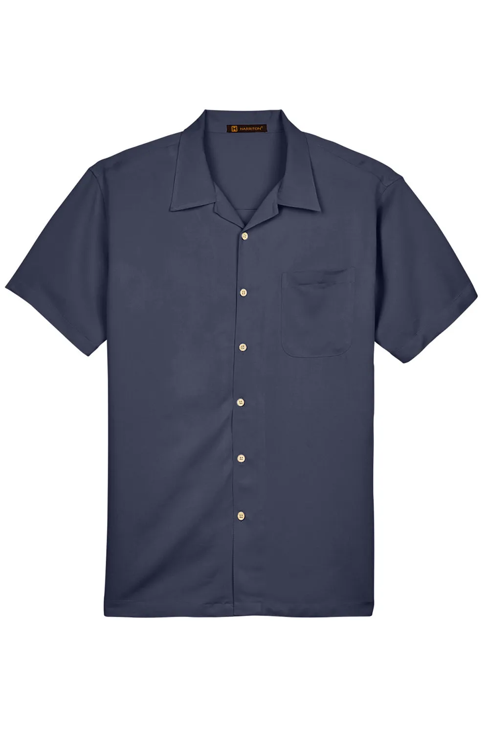 Harriton Mens Bahama Wrinkle Resistant Short Sleeve Button Down Camp Shirt w/ Pocket - Navy Blue