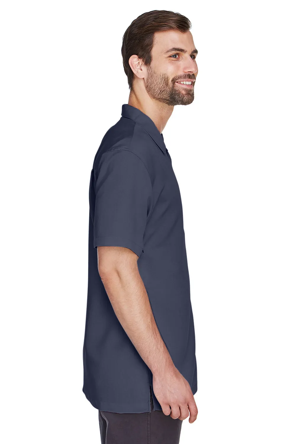 Harriton Mens Bahama Wrinkle Resistant Short Sleeve Button Down Camp Shirt w/ Pocket - Navy Blue