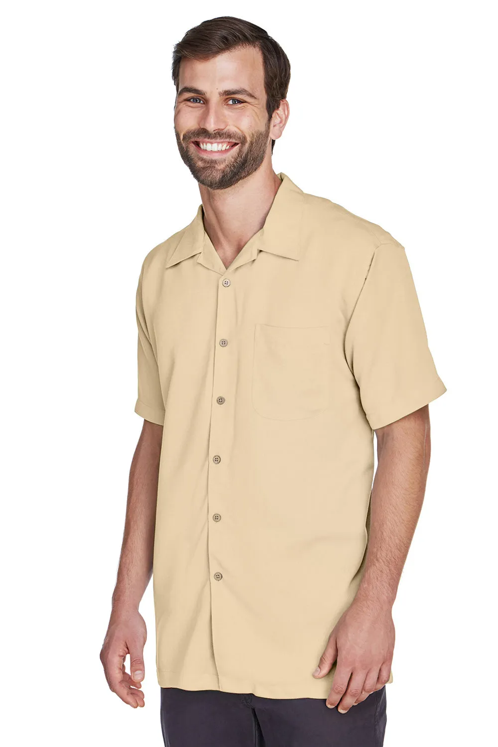 Harriton Mens Bahama Wrinkle Resistant Short Sleeve Button Down Camp Shirt w/ Pocket - Sand