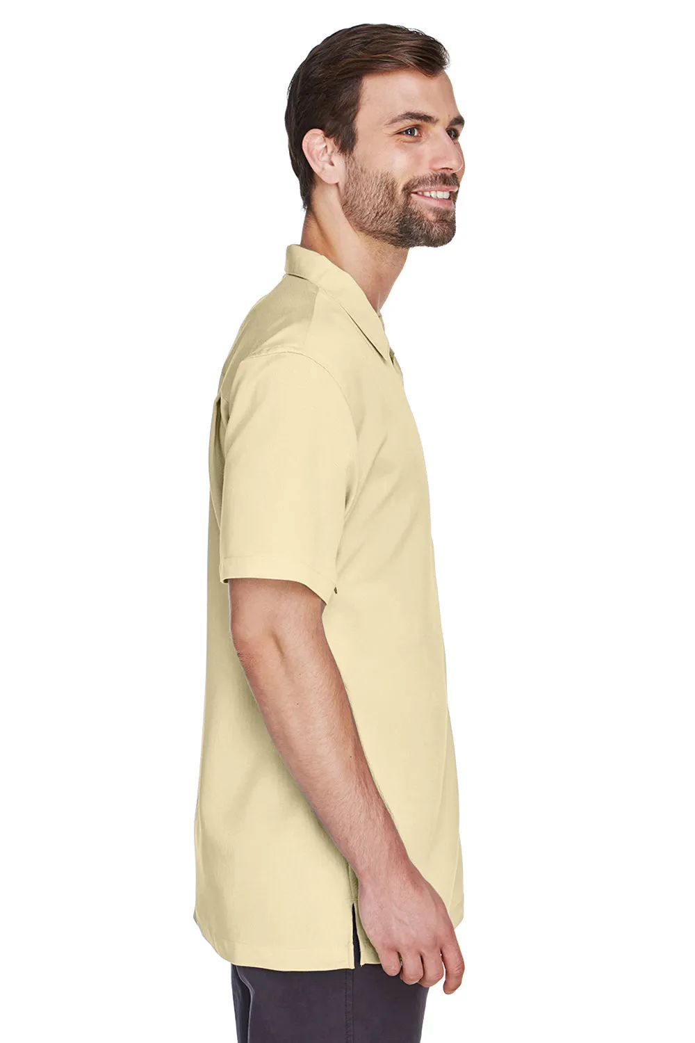 Harriton Mens Bahama Wrinkle Resistant Short Sleeve Button Down Camp Shirt w/ Pocket - Sand