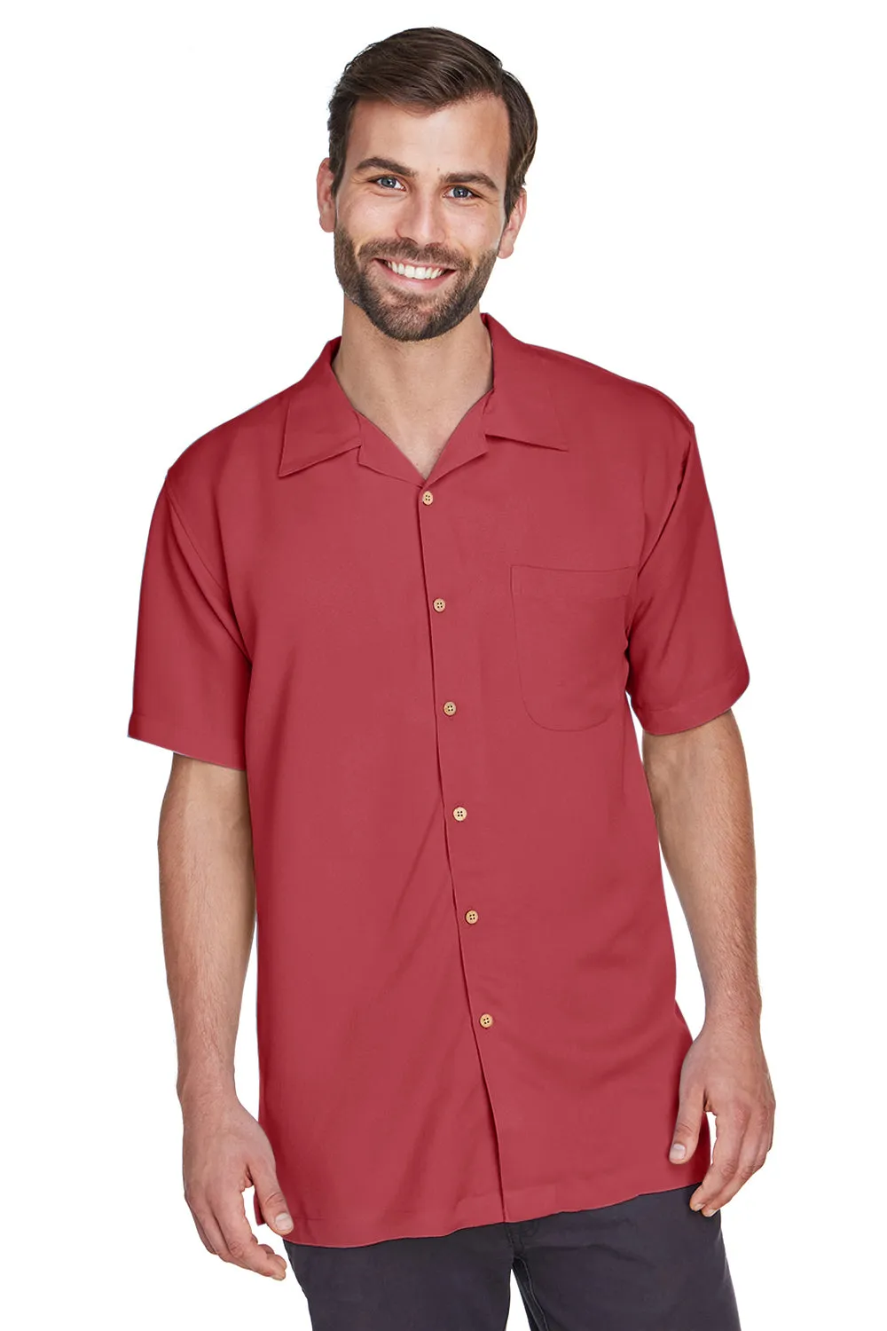 Harriton Mens Bahama Wrinkle Resistant Short Sleeve Button Down Camp Shirt w/ Pocket - Tile Red - Closeout