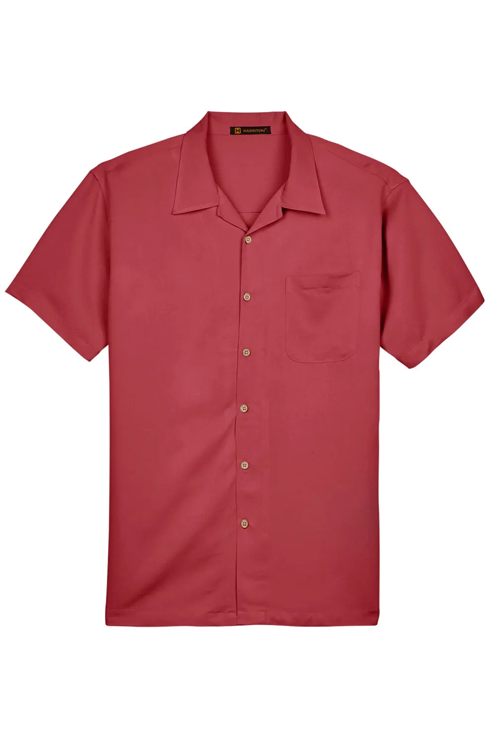 Harriton Mens Bahama Wrinkle Resistant Short Sleeve Button Down Camp Shirt w/ Pocket - Tile Red - Closeout