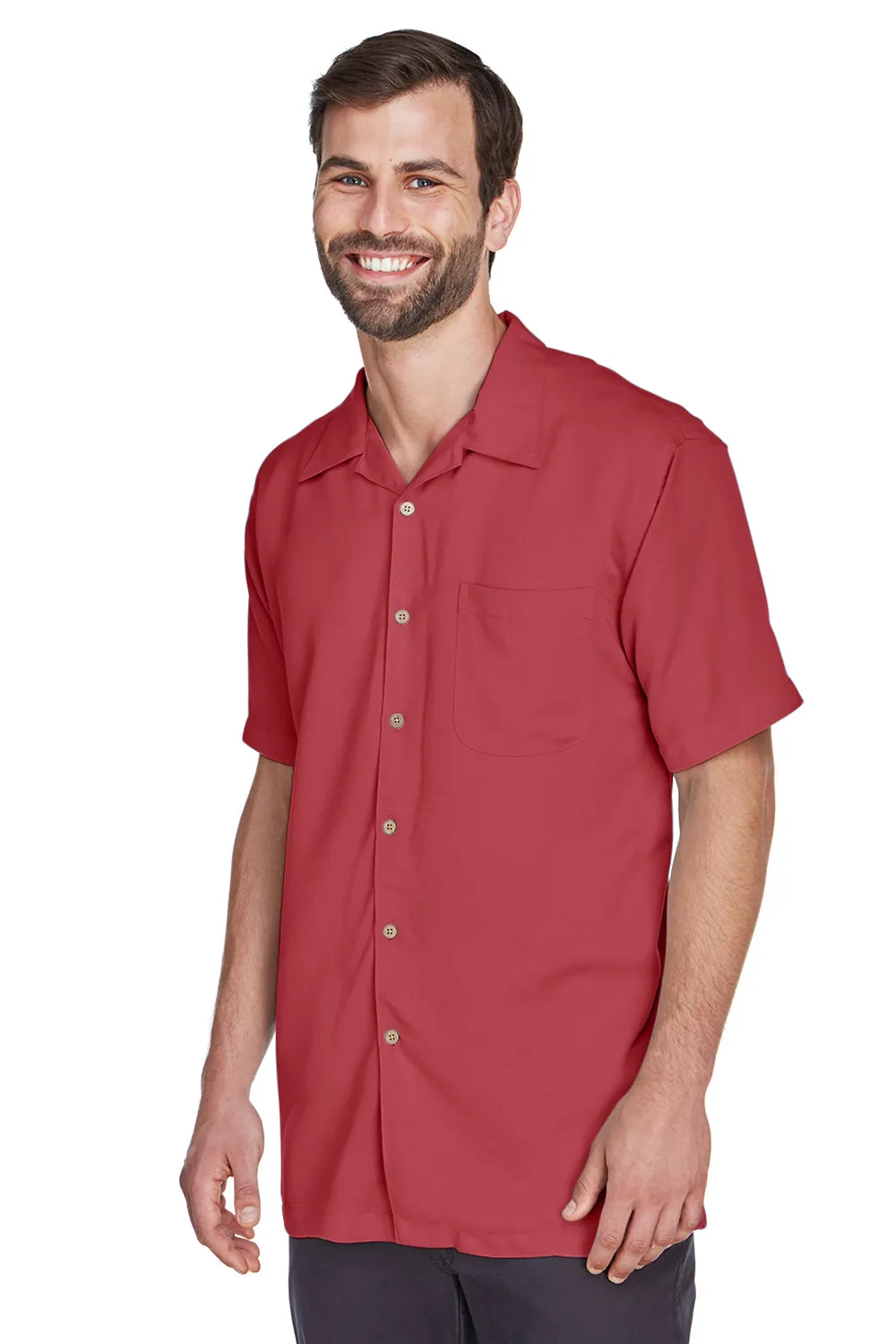 Harriton Mens Bahama Wrinkle Resistant Short Sleeve Button Down Camp Shirt w/ Pocket - Tile Red - Closeout