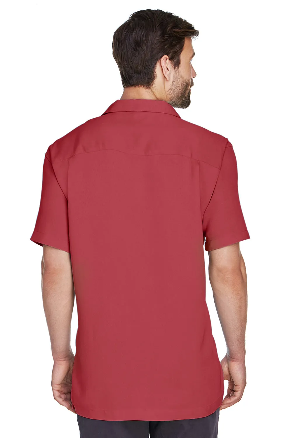 Harriton Mens Bahama Wrinkle Resistant Short Sleeve Button Down Camp Shirt w/ Pocket - Tile Red - Closeout