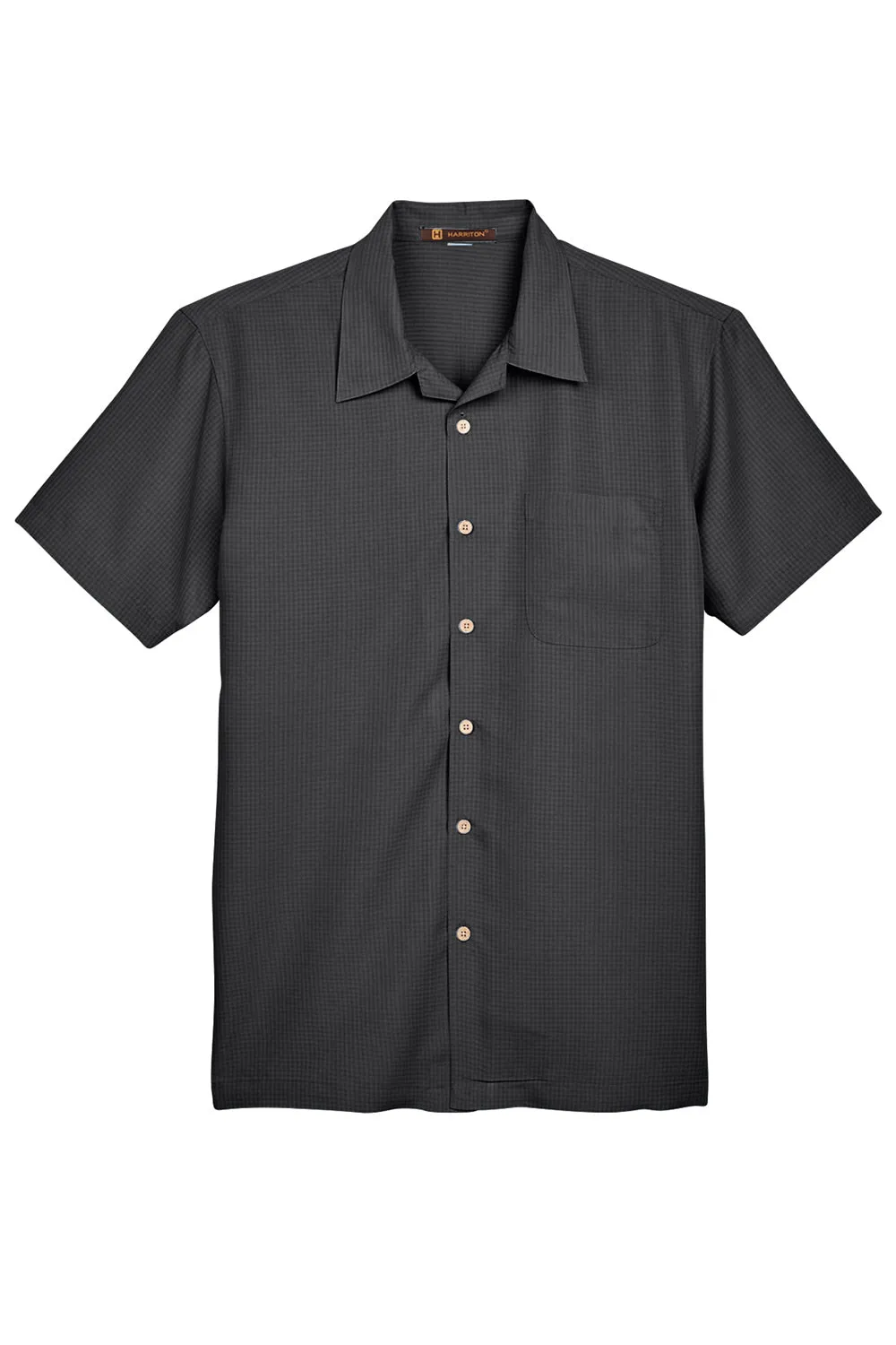 Harriton Mens Barbados Wrinkle Resistant Short Sleeve Button Down Camp Shirt w/ Pocket - Black