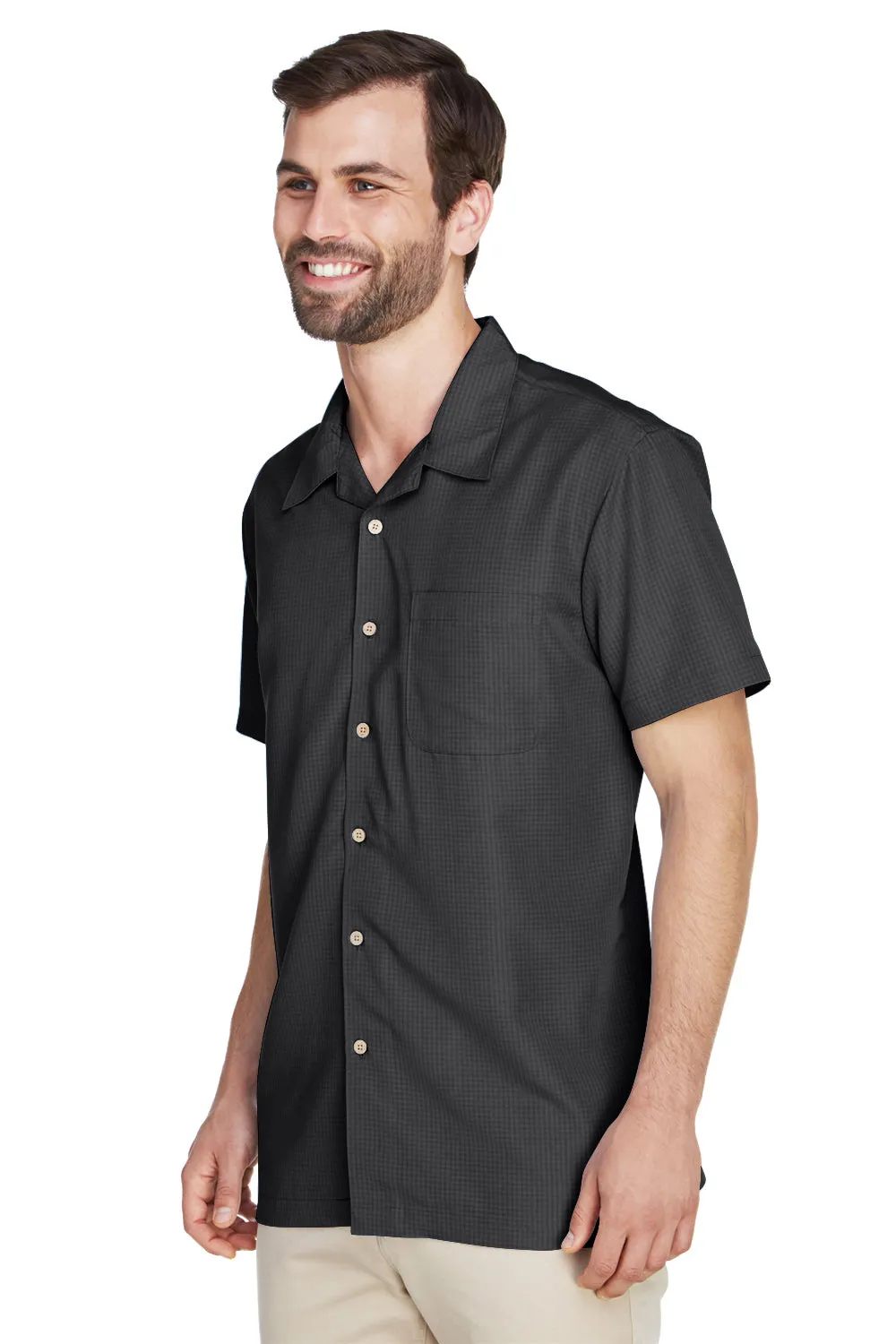 Harriton Mens Barbados Wrinkle Resistant Short Sleeve Button Down Camp Shirt w/ Pocket - Black