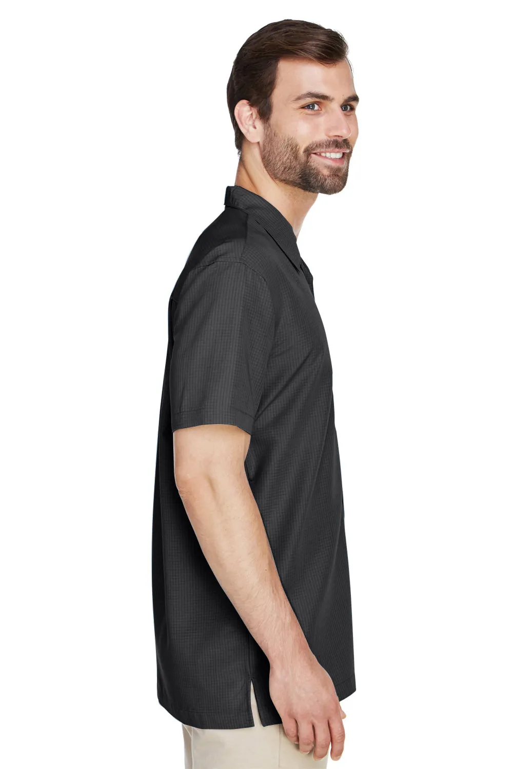 Harriton Mens Barbados Wrinkle Resistant Short Sleeve Button Down Camp Shirt w/ Pocket - Black