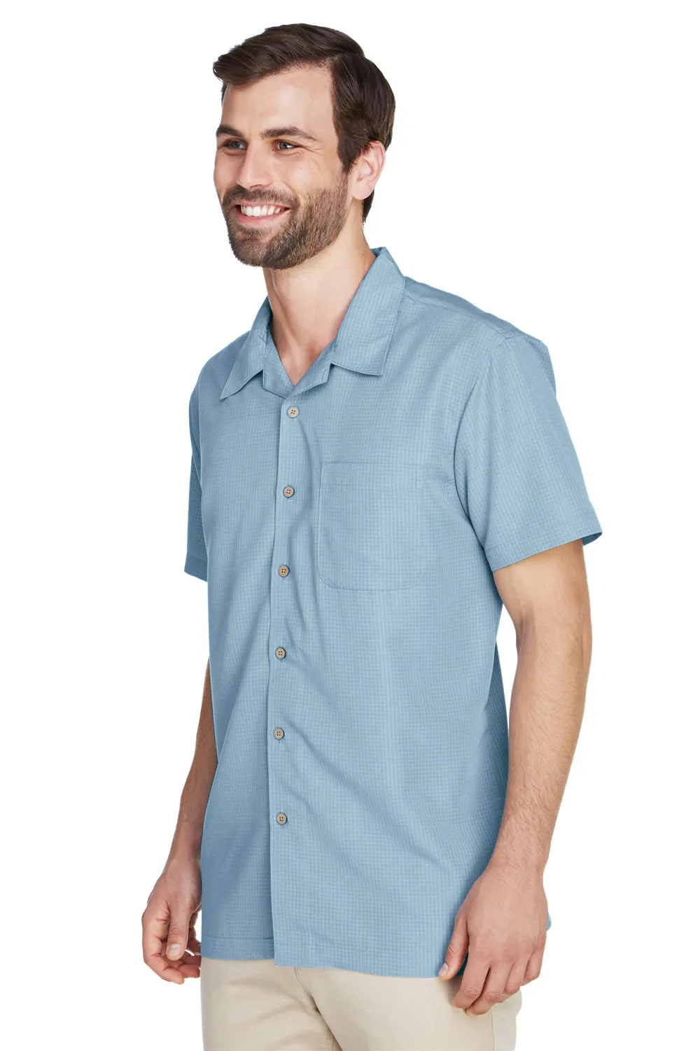 Harriton Mens Barbados Wrinkle Resistant Short Sleeve Button Down Camp Shirt w/ Pocket - Cloud Blue