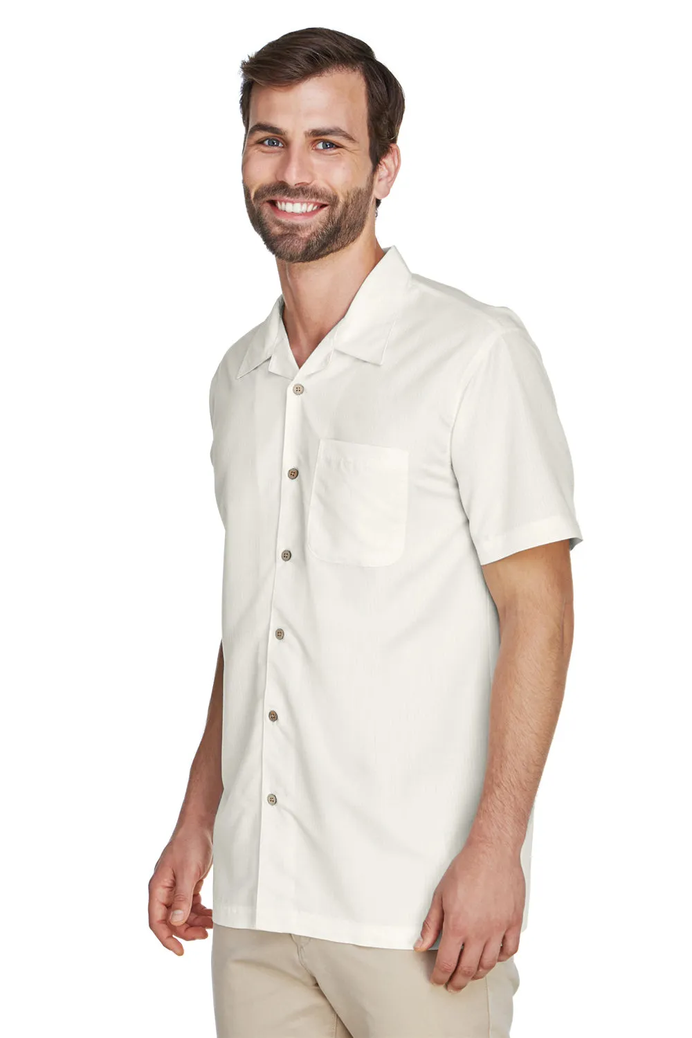 Harriton Mens Barbados Wrinkle Resistant Short Sleeve Button Down Camp Shirt w/ Pocket - Cream